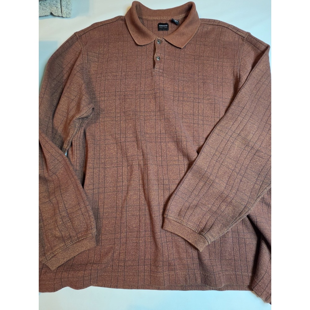 Arrow USA 185 Men's Long Sleeve Polo Shirt Rust Brown Plaid Check Vintage Style